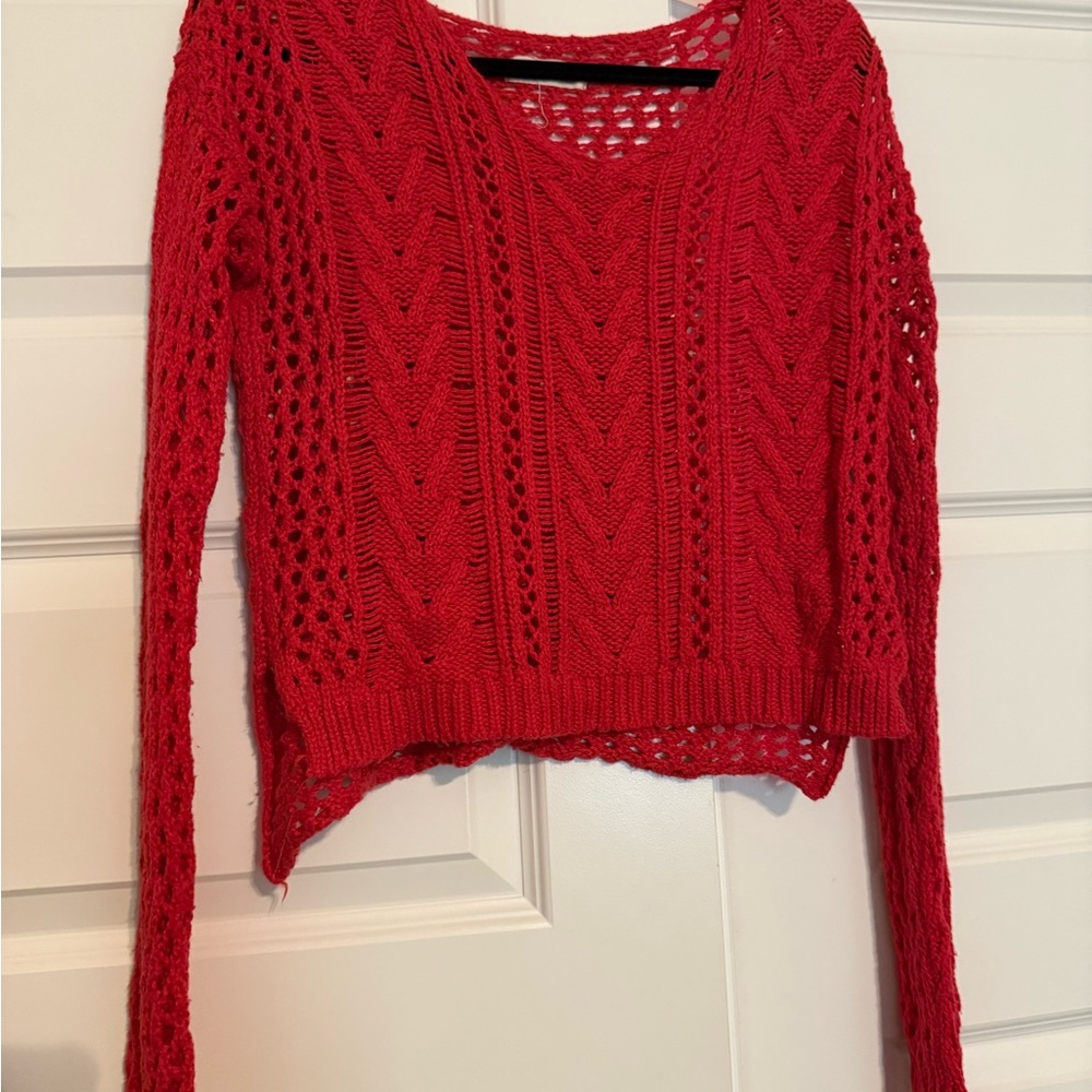 Hollister Women's Crochet Style Red V-Neck Sweater